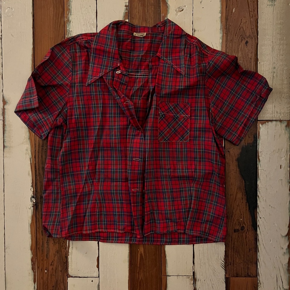 Vintage 60s 70s short sleeve plaid button up cropped blouse size small